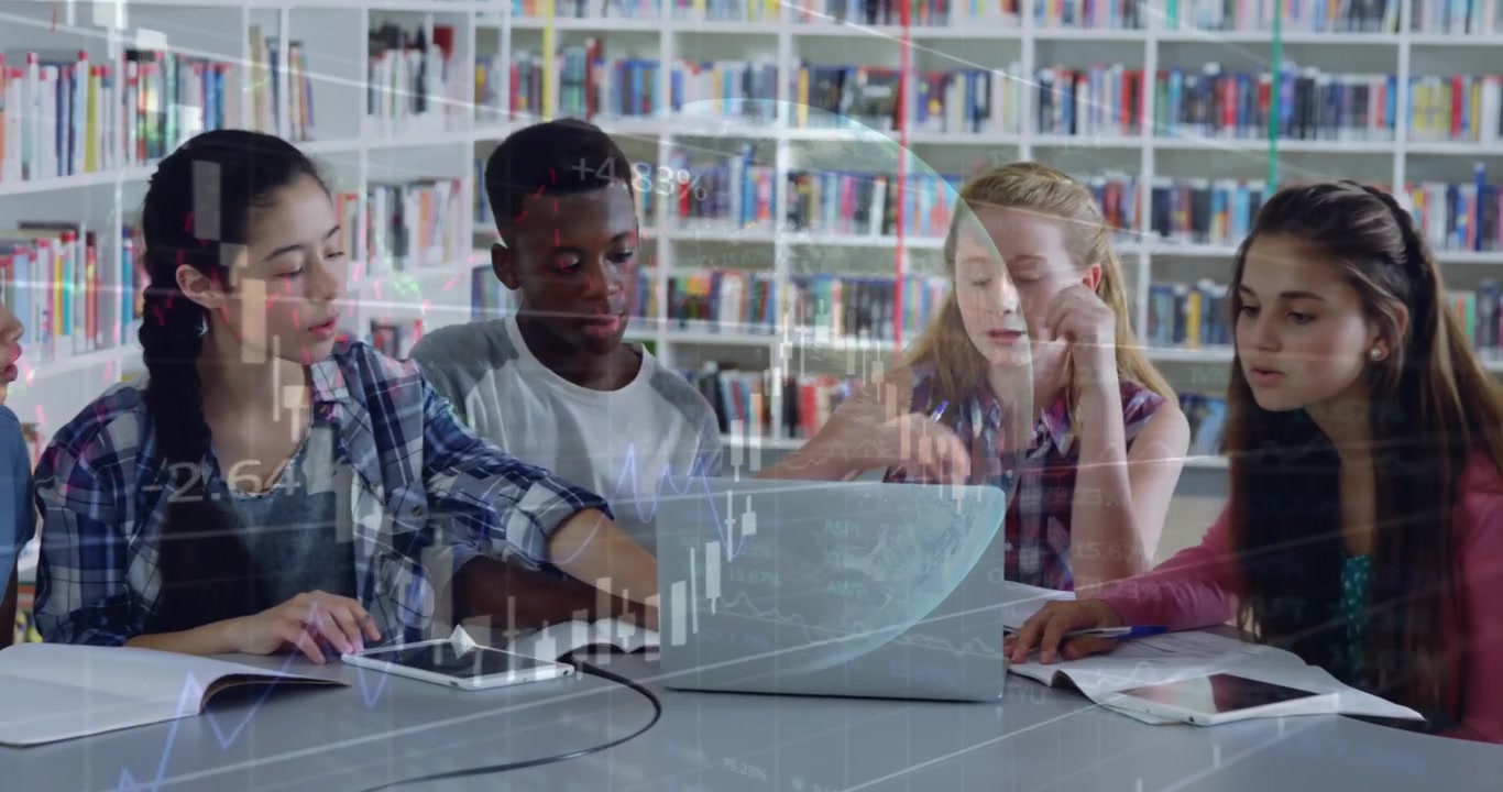 Diverse Students Collaborating on Research Project in Library with Digital Data Overlay