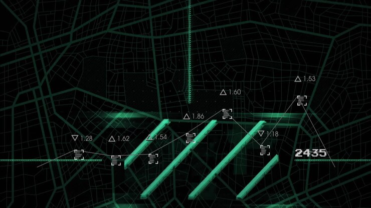 Data processing animation over digital map with numerical values and green lines
