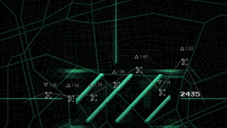 animación de procesamiento de datos sobre mapa digital con valores numéricos y líneas verdes