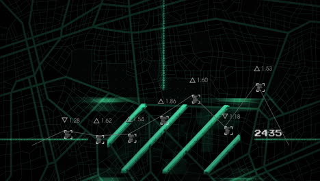 data processing animation over digital map with numerical values and green lines