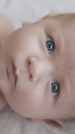 active newborn boy with bright blue eyes short fair hair lies in baby bed looking at camera attentively extreme closeup