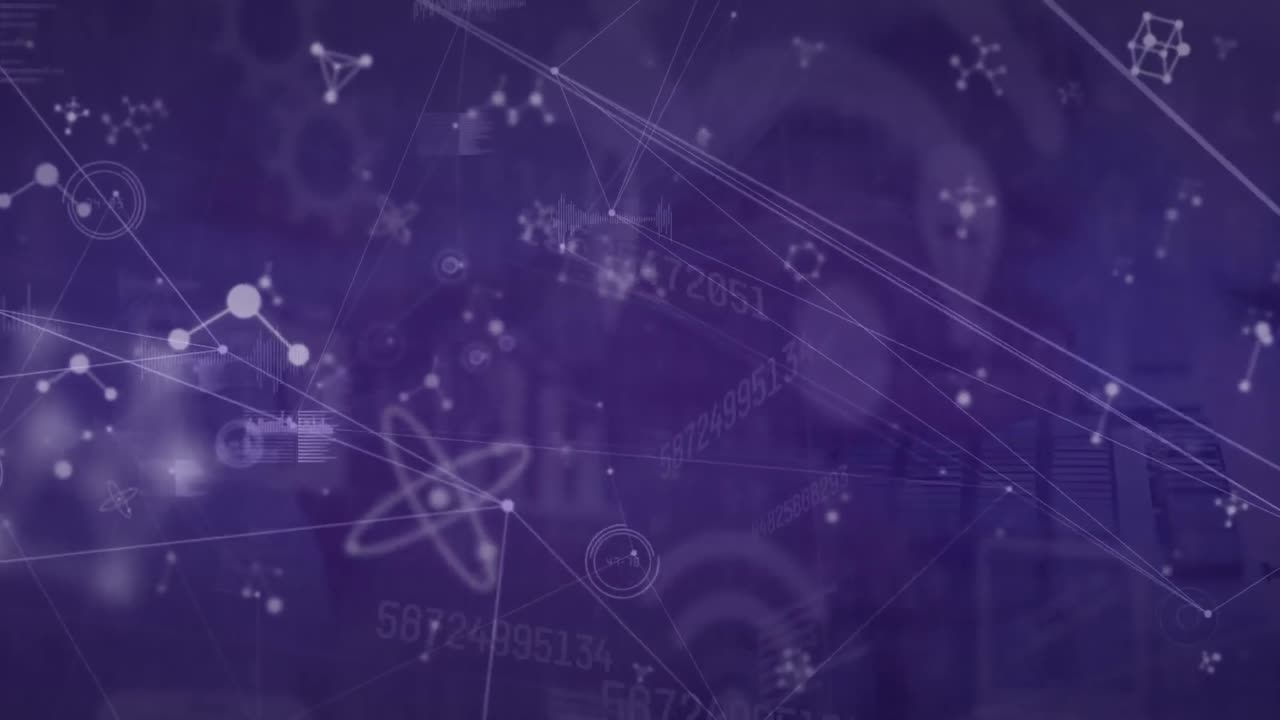 Animation of moving molecules network of connections on purple background
