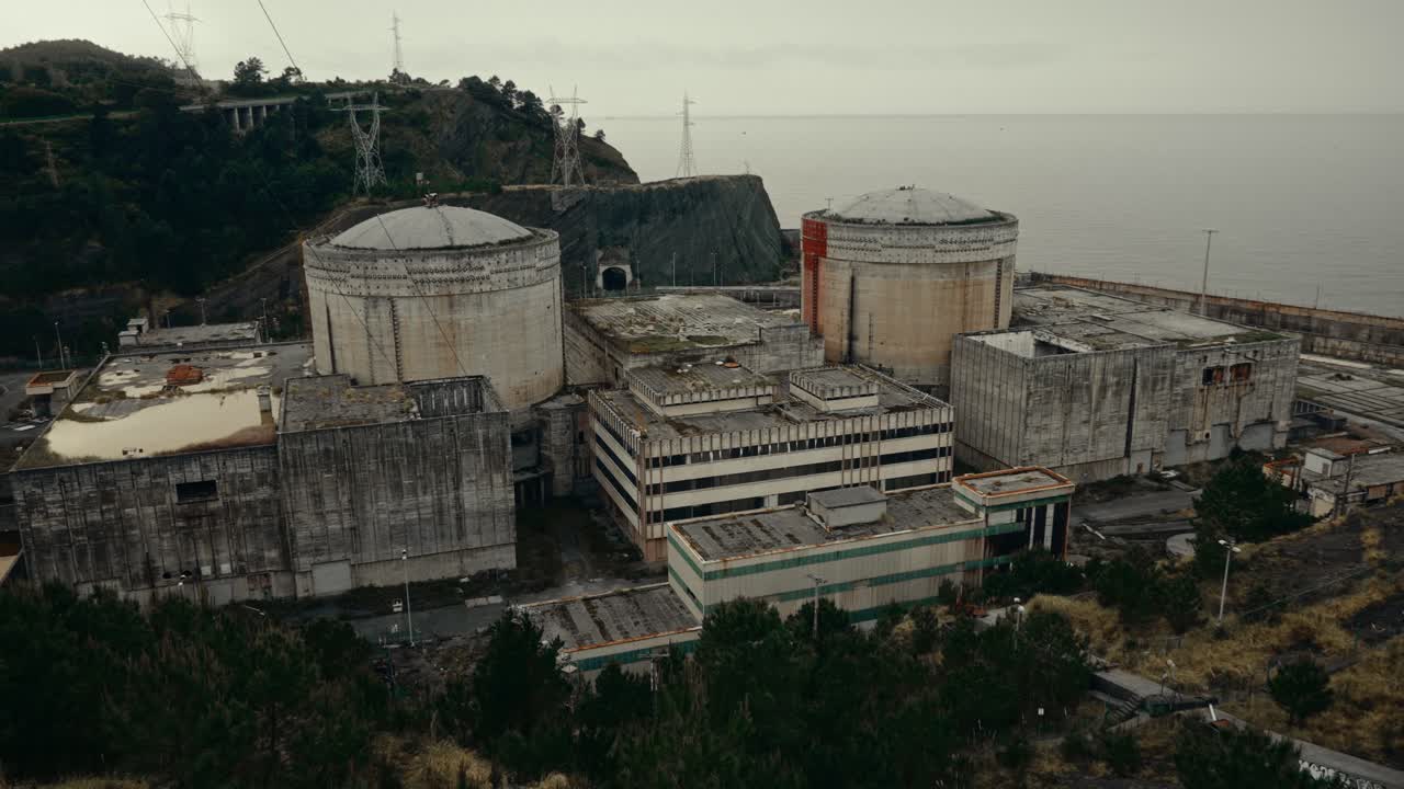 Aerial View of Abandoned Nuclear Power Plant on a Cloudy Coast