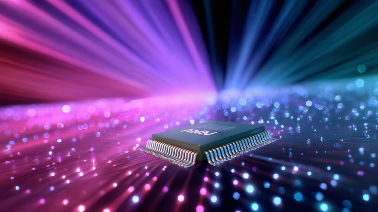 A mesmerizing portrayal of a microchip surrounded by vibrant beams of light, showcasing the fusion of technology and art in a stunning visual representation that captivates the viewer's imagination