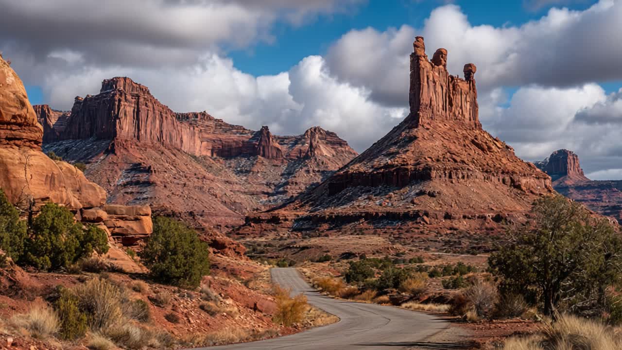 A Scenic View of Majestic Red Rock Formations Under Dramatic Clouds Along a Winding Road, Showcasing the Beauty of Natural Landscapes in the Desert Environment