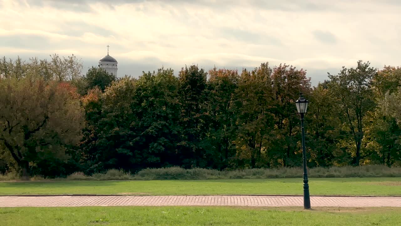 Panorama of gray autumn sky, trees with yellow leaves (4K60)
