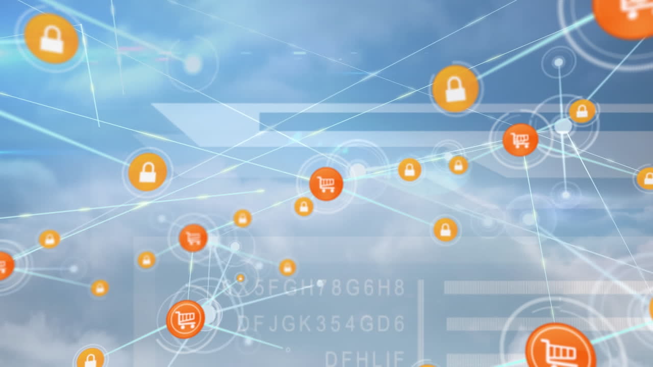 밀집한 구름에 대한 문자와 숫자와 추상적인 패턴으로 연결된 아이콘의 애니메이션