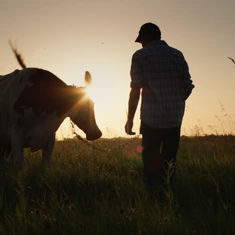 farmer leads cow through a meadow 1