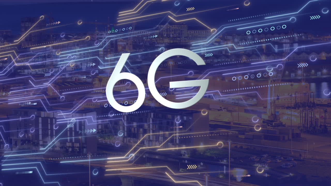 animación de texto 6g, paisaje urbano y conexiones
