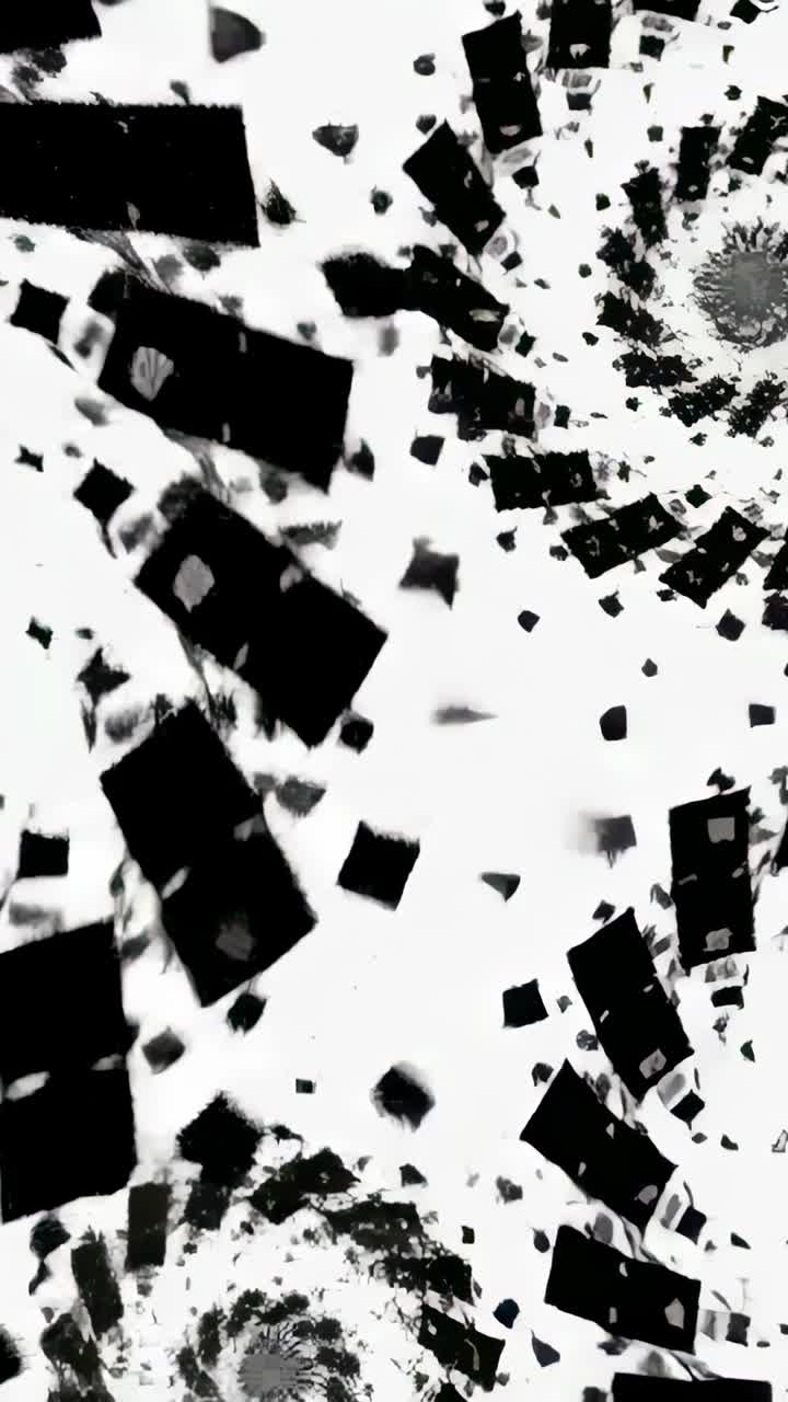Vertical video: Animating spiral vortices pulling black tiles inward on white, forming dense spiral