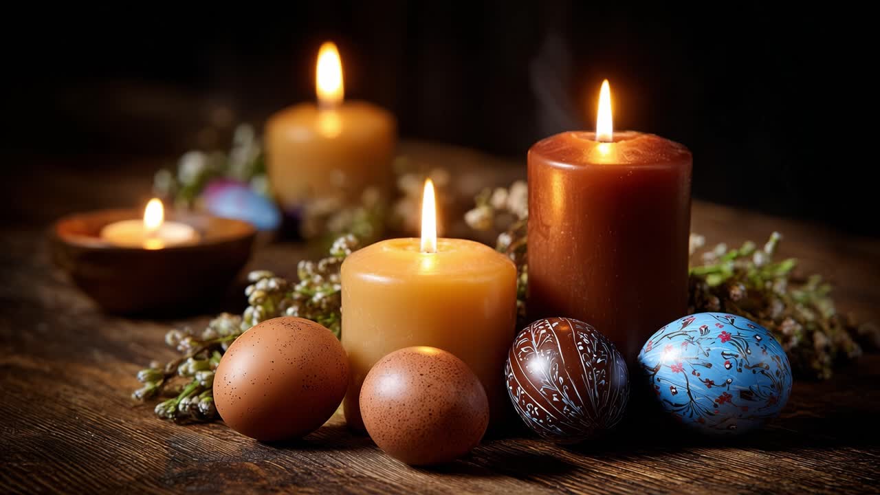 A serene display of flickering candles, beautifully arranged eggs, and soft greenery creates a warm ambiance perfect for seasonal celebrations and cozy gatherings