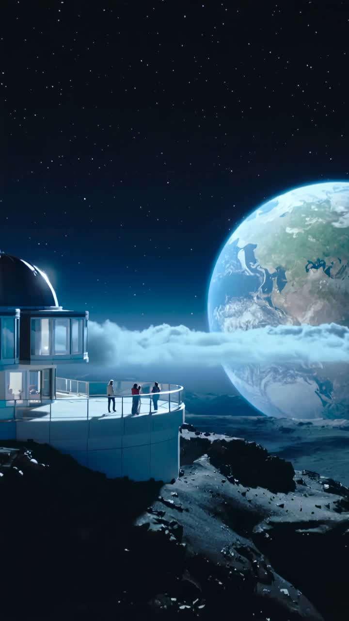 Vertical video: Panning shot zooming right with four in coats moving on rail by dome, viewing Earth