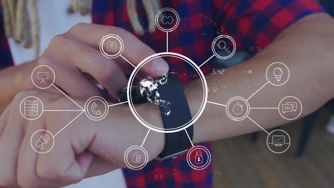 스마트 워치를 사용하여 사람 위의 아이콘과 연결 네트워크의 애니메이션