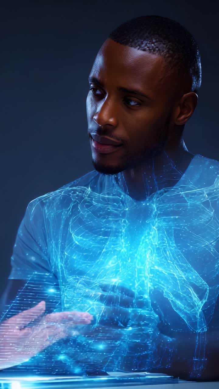 A man interacting with a holographic display showcasing a detailed 3D representation of the human skeleton and internal organs, revealing advanced visualization technology