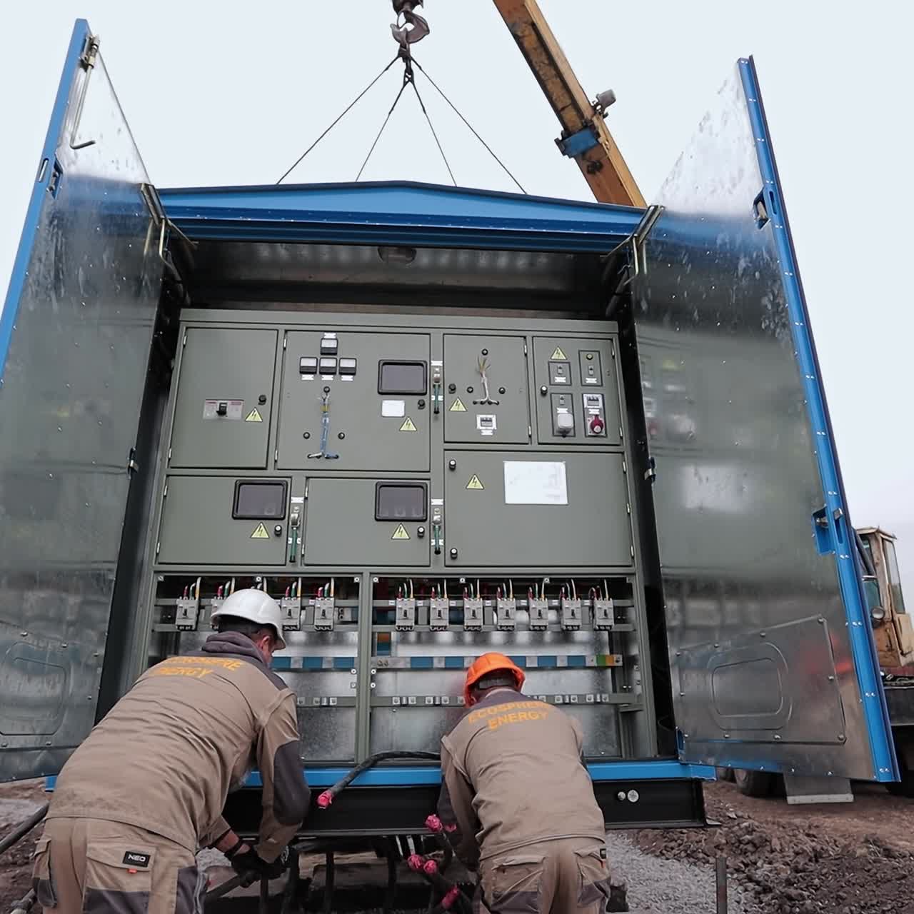 Electric station engineer instalation. Specialists checking electic supply