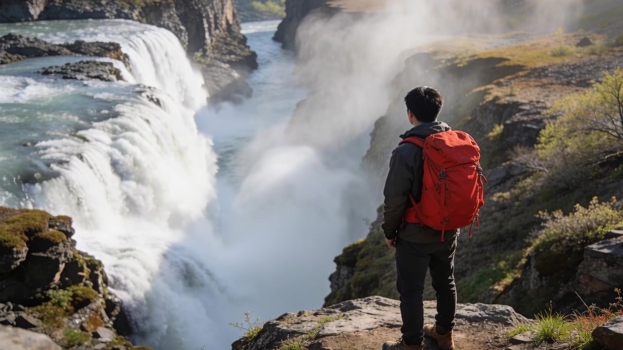 Reaching overlook, Asian hiker in jacket boots watching falls into canyon red pack mist, copy space