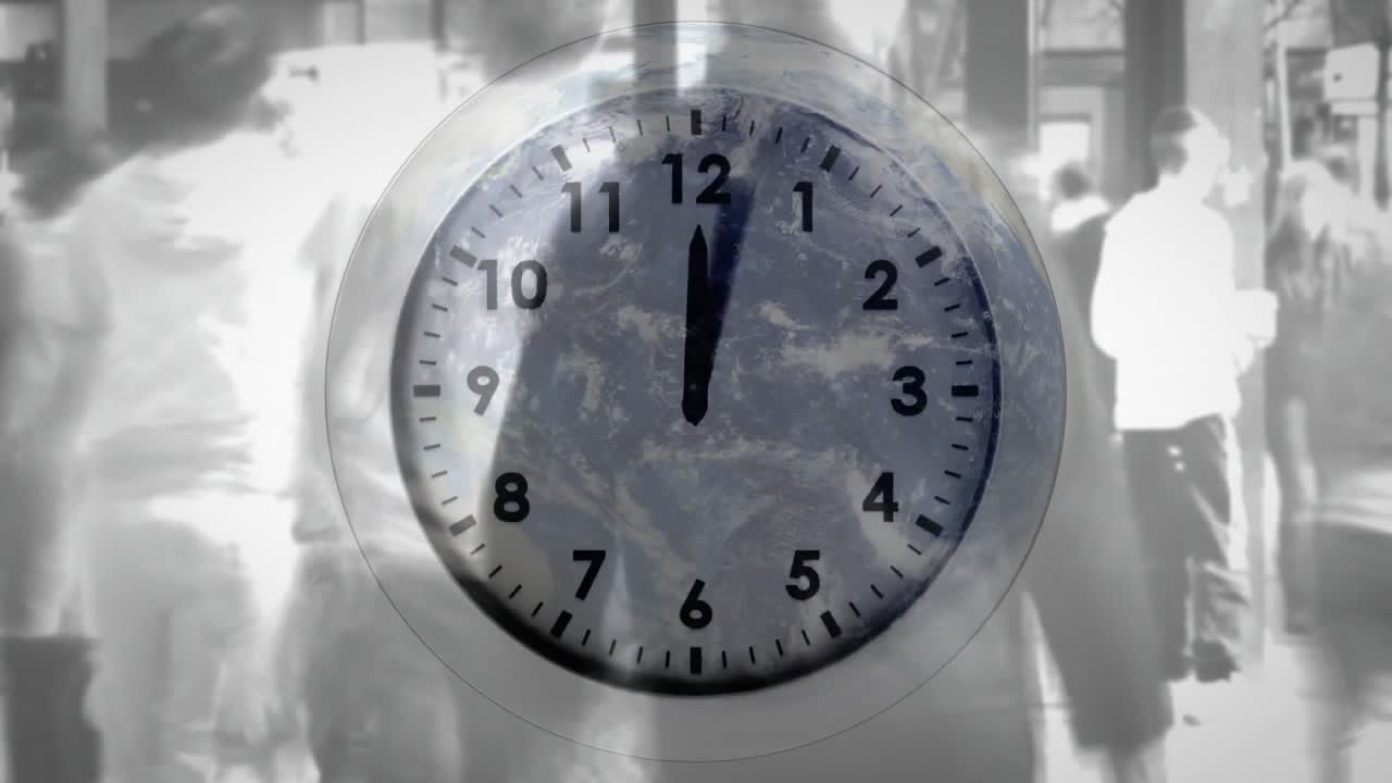 Initial tick starting analog clock rotating while urban pedestrians walking showing time flow
