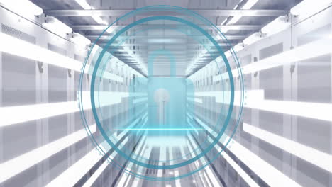 animation of padlock icon and digital data processing over computer servers