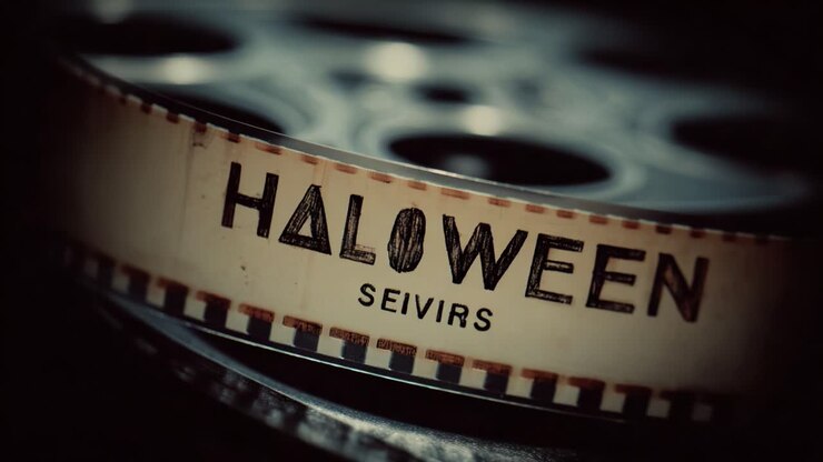 Vecchia pellicola cinematografica con la parola Halloween scritta sopra che si srotola da una bobina di metallo classica. Atmosfera cinematografica vintage che evoca sensazioni spettrali e misteriose da film horror del passato