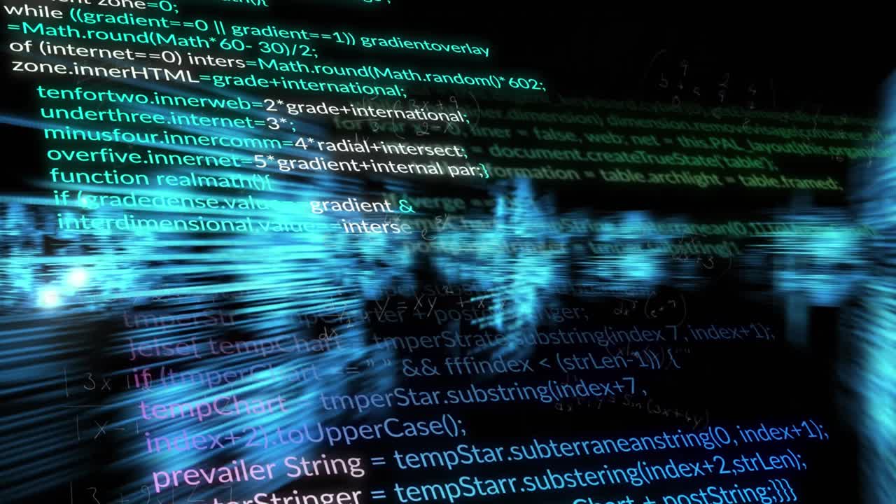 Animation of molecule structures and computer language with lens flares over black background