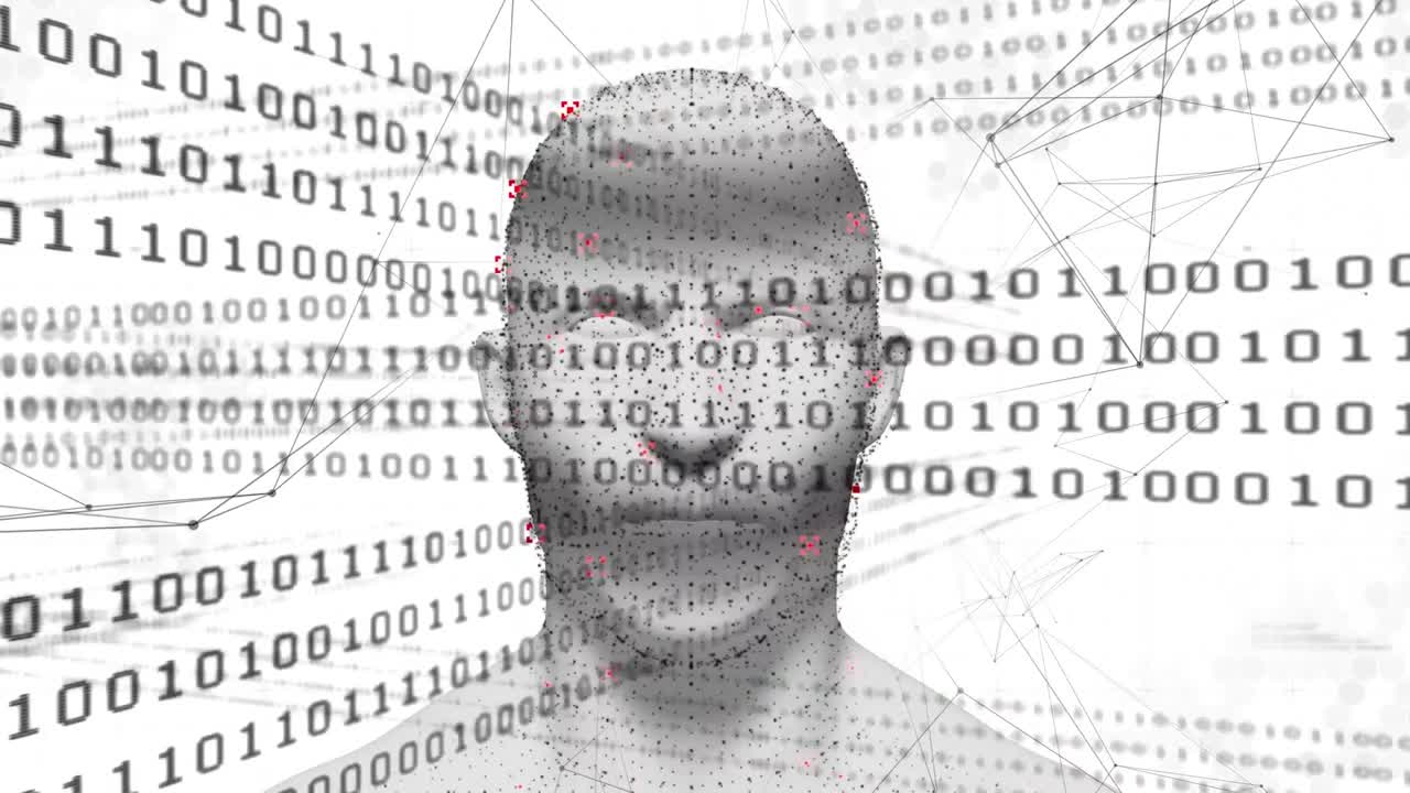 animación de la cabeza humana brillando con la codificación binaria de la interfaz digital