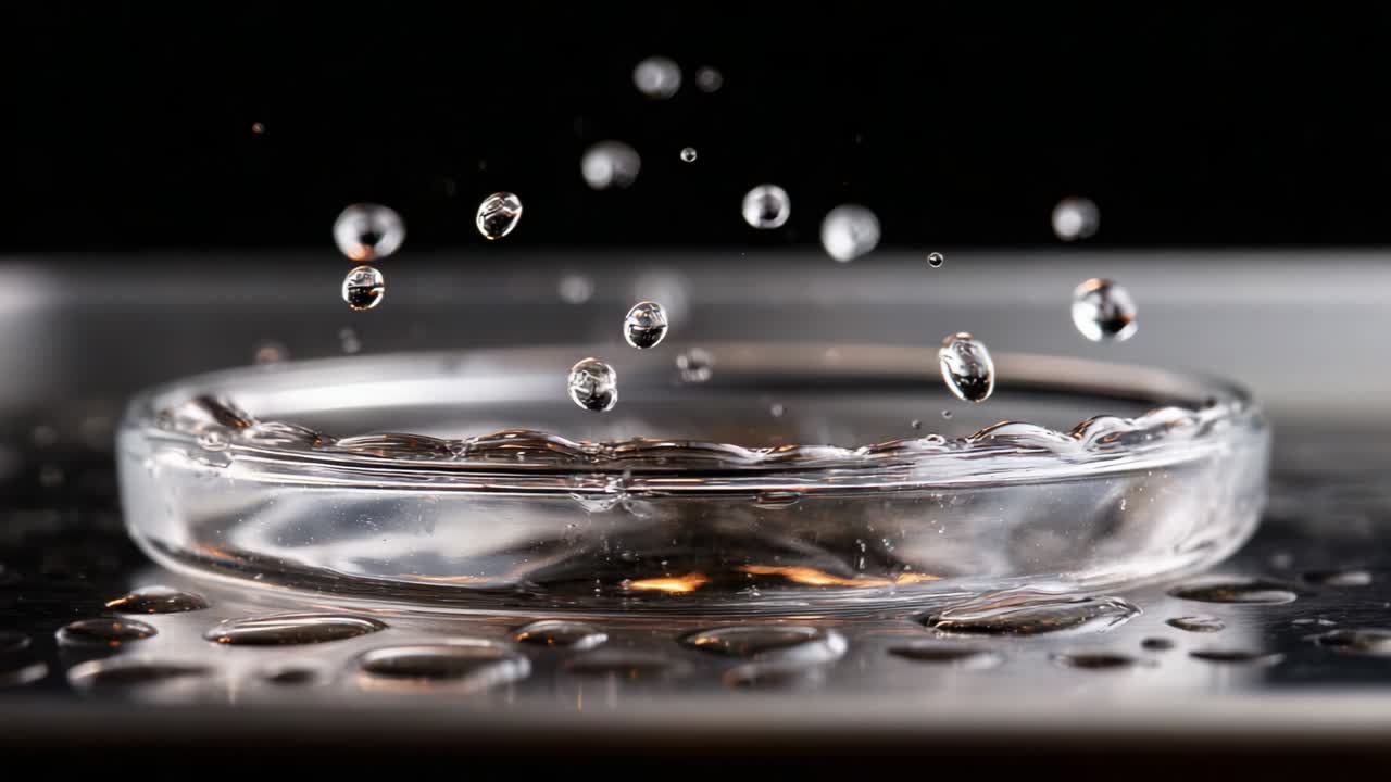 Captivating Close-up of Water Droplets Creating Ripples in a Petri Dish, Showcasing the Dynamic Interaction of Liquid Elements Against a Dark Background in a High-Definition Cinematic Style