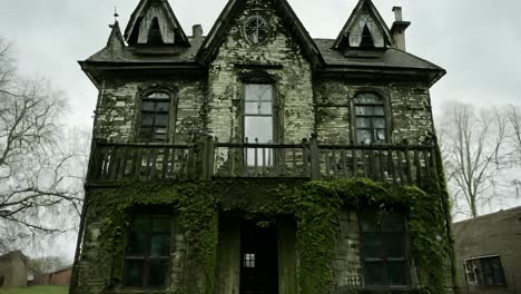 la cámara se acerca y revela una casa abandonada envuelta en una exuberante vegetación, mostrando la recuperación de la arquitectura por parte de la naturaleza.