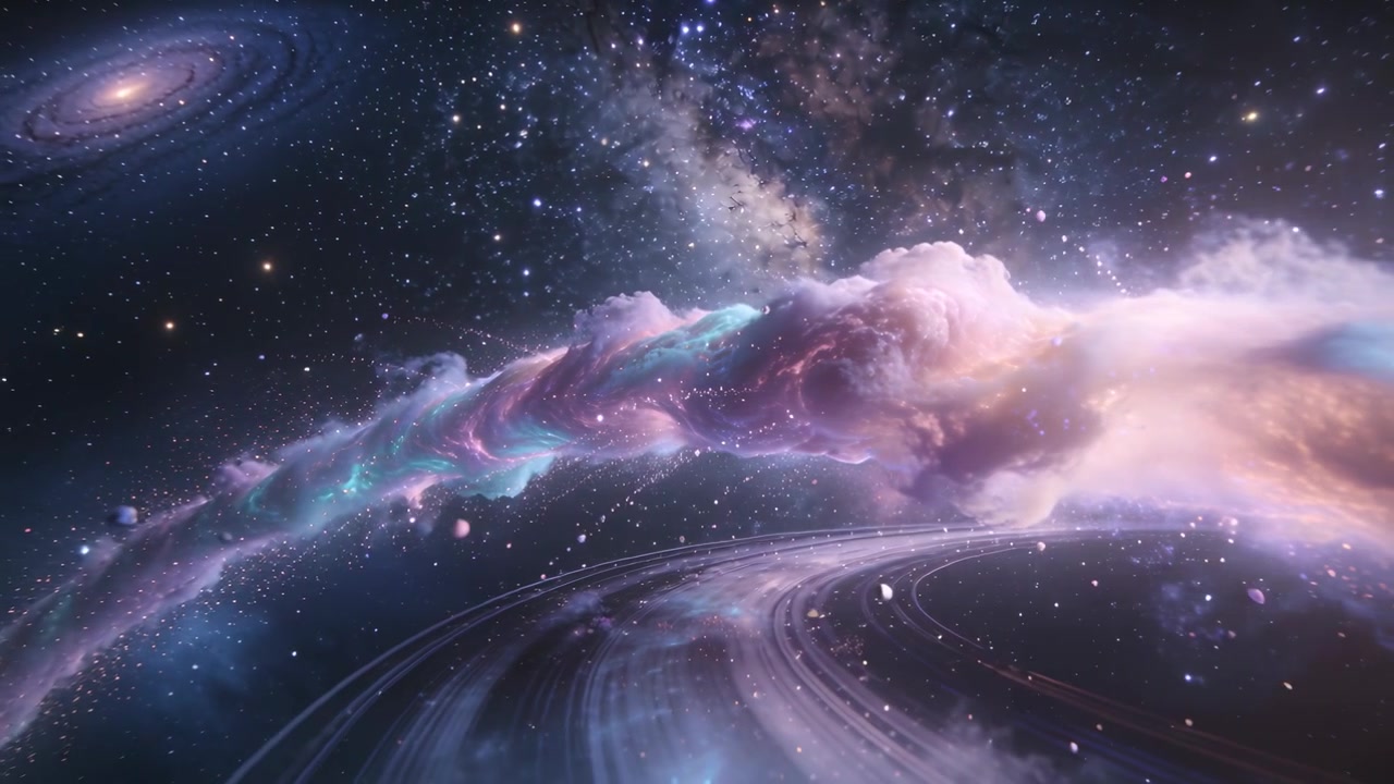 Streaming pastel nebula and sweeping ring system responding to camera dolly in outer space