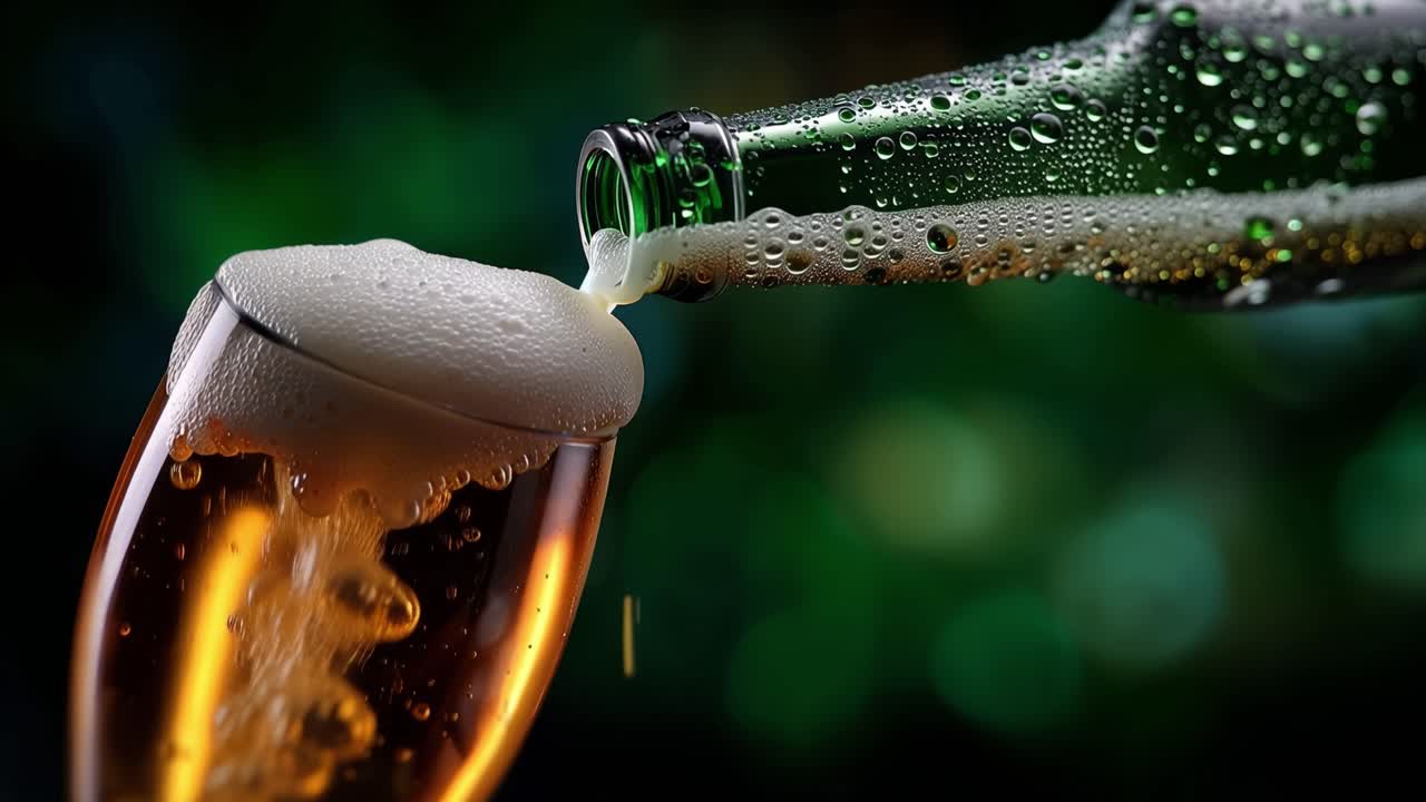 Gros plan sur une bière froide versée d'une bouteille verte dans un verre.