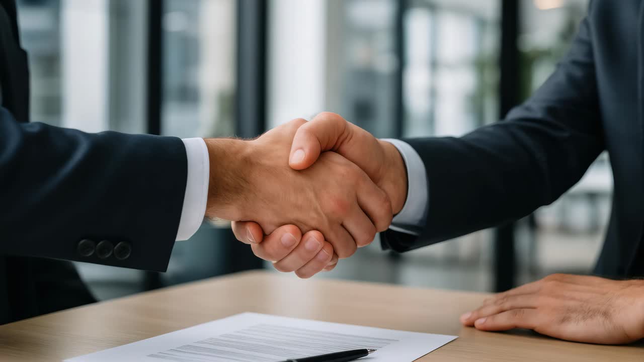 Close-up, eye-level shot of a handshake over a desk with documents, symbolizing business agreement
