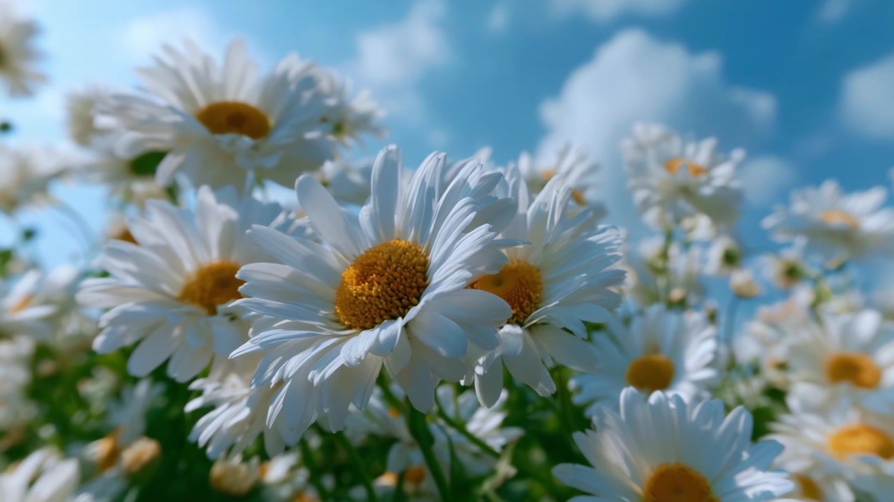 Un bellissimo campo di margherite bianche sotto un cielo azzurro limpido, che riflette la vivacità e la serenità della natura in armonia floreale.