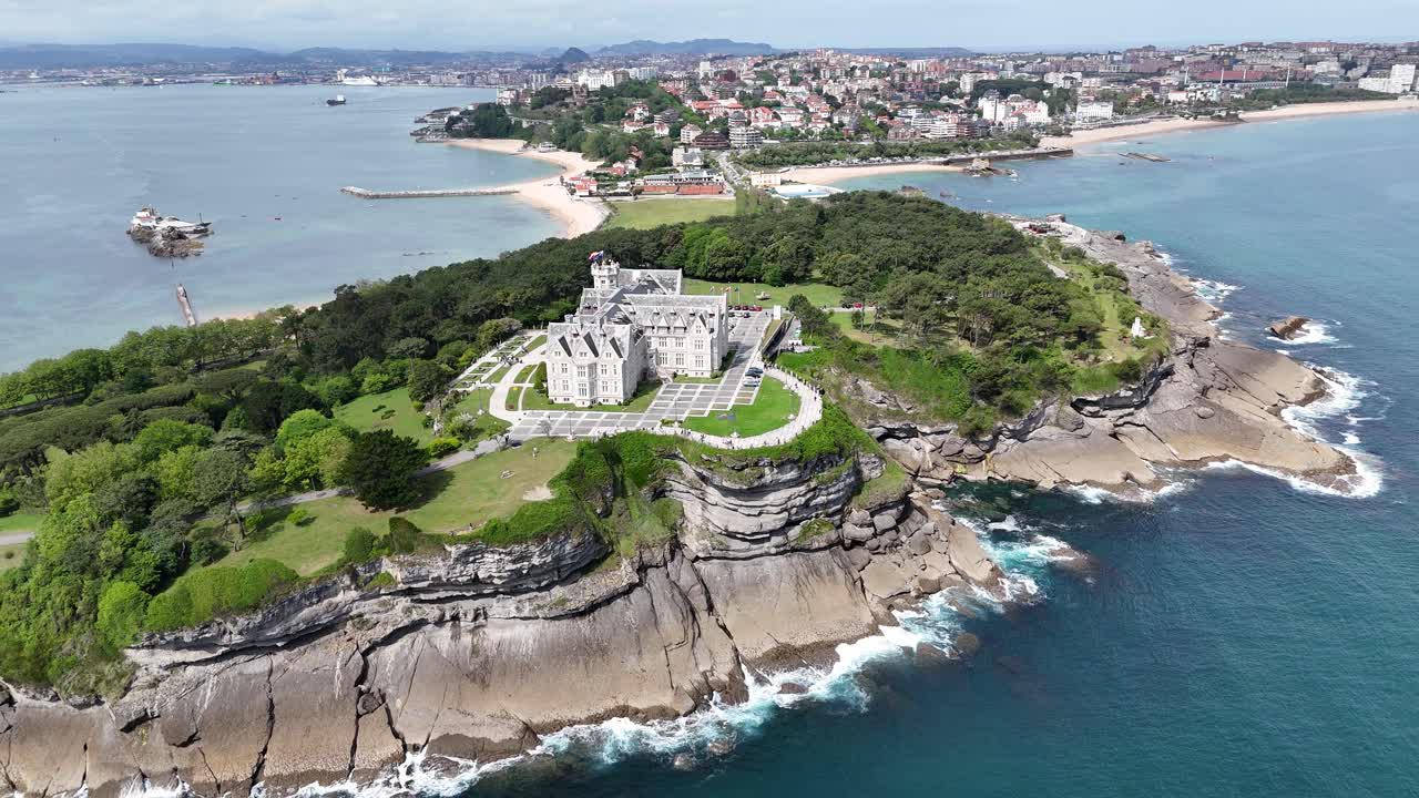 The Magdalena Peninsula Santander Spain pull back drone aerial reverse reveal