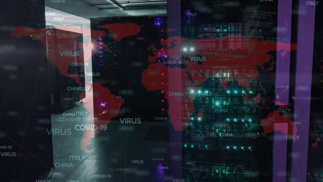 Animation of covid 19 data and world map over computer servers