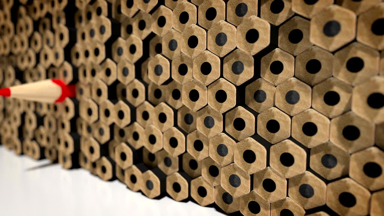 lápiz rojo único entre lápices negros, animación en bucle 3d