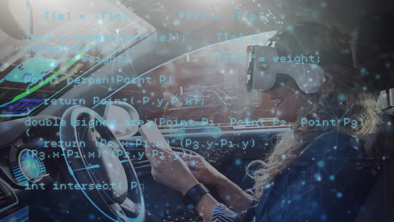 animación del procesamiento de datos sobre una mujer caucásica sonriente usando auriculares vr en el coche