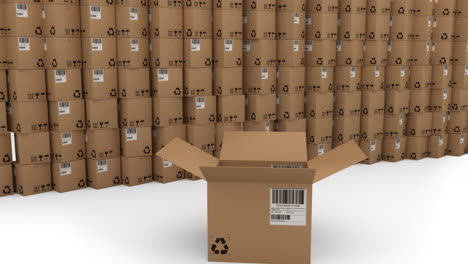 animación de una caja de cartón abierta sobre cajas de cartón apiladas sobre un fondo blanco
