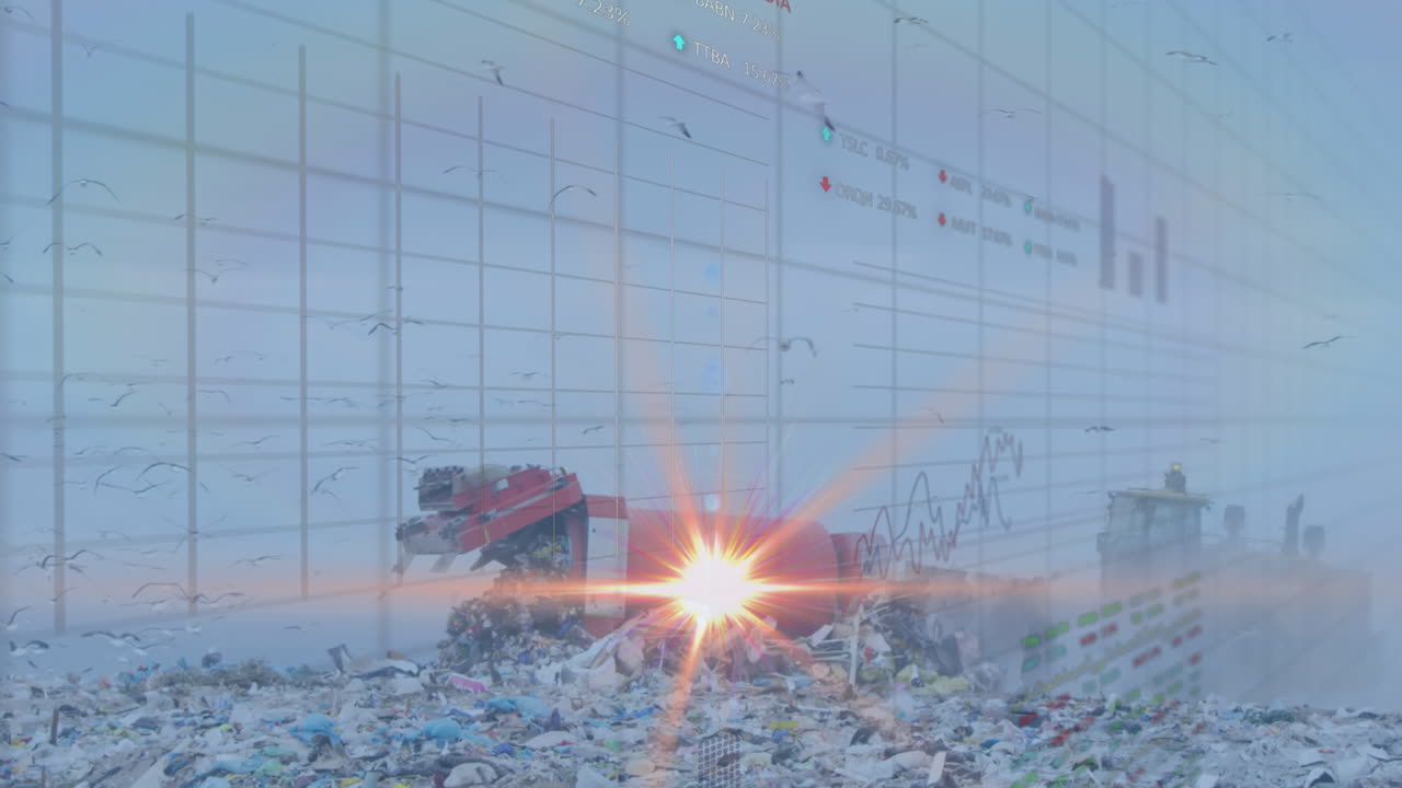 animación del destello de la lente, gráfico, tablero de negociación, basura derramada fuera del contenedor de basura en el patio de basura