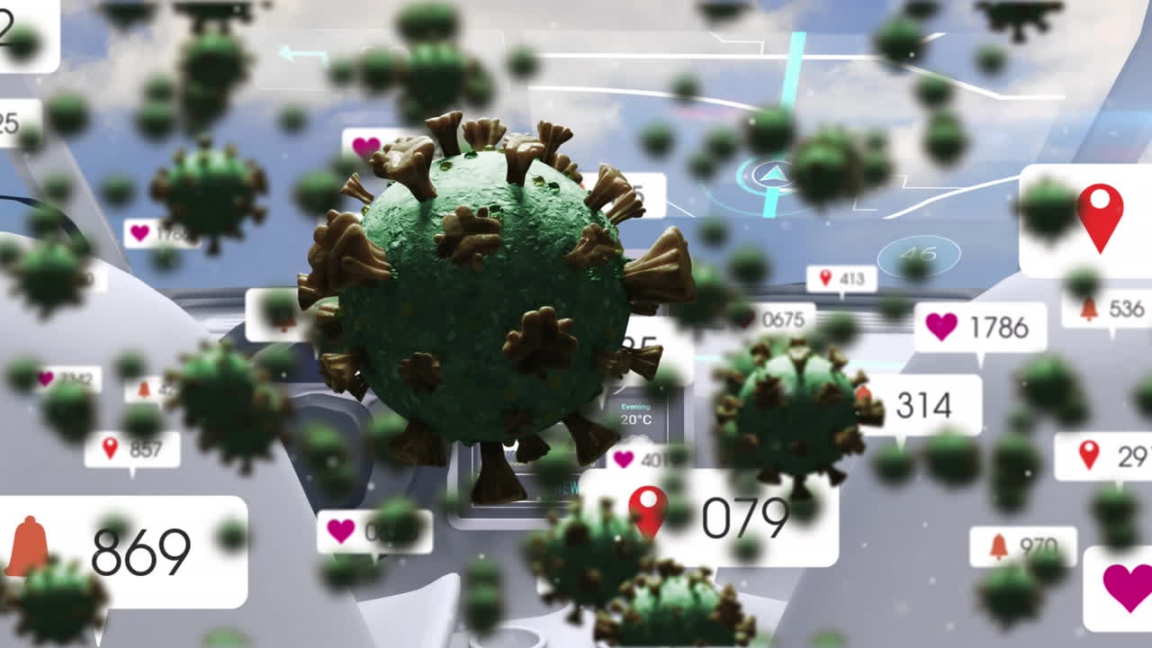 다수의 코로나19 세포와 디지털 아이콘이 미래의 자동차 내부와 함께 증가하고 있습니다.