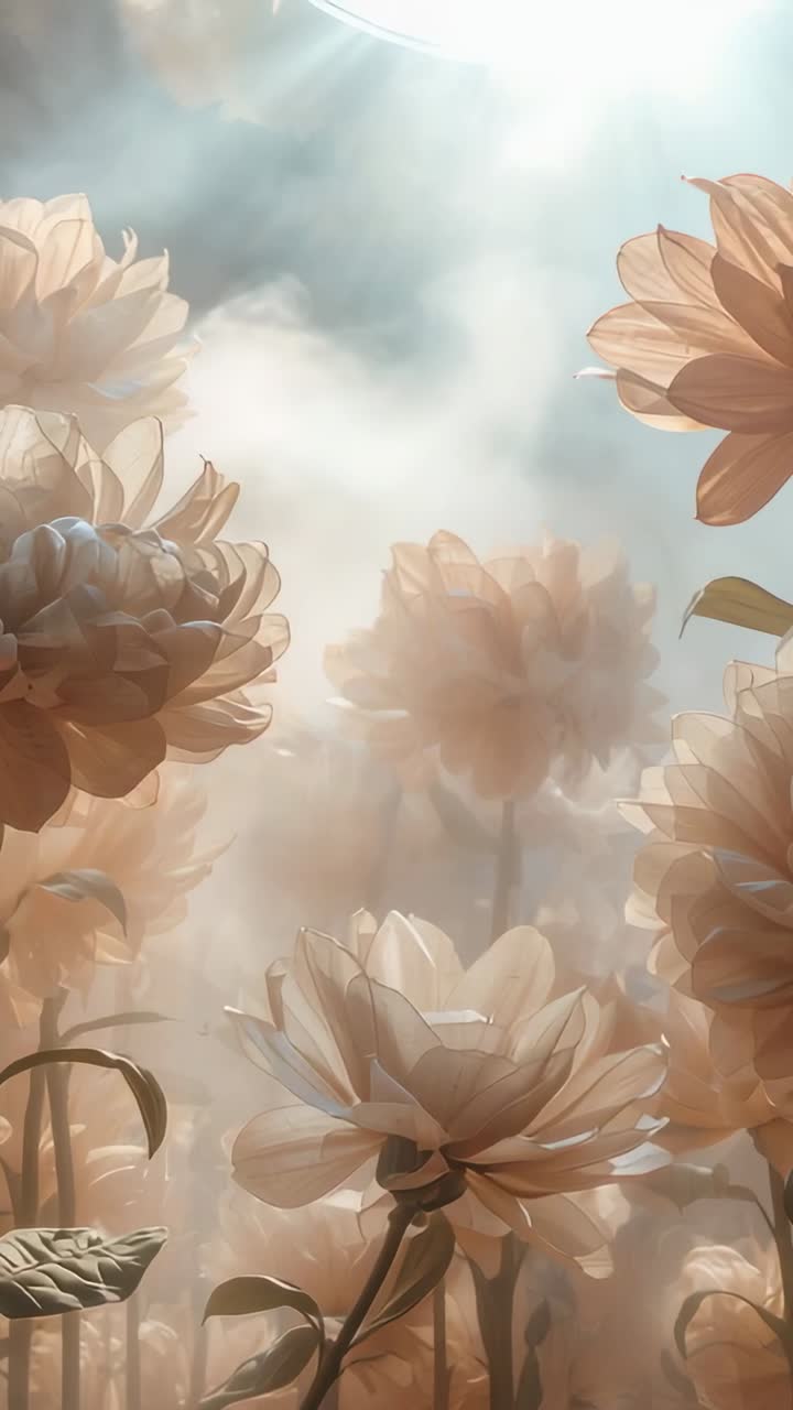 Video verticale: luce solare che sorge retroilluminando pallidi fiori color pesca in giardino, nebbia che si disperde con il polline