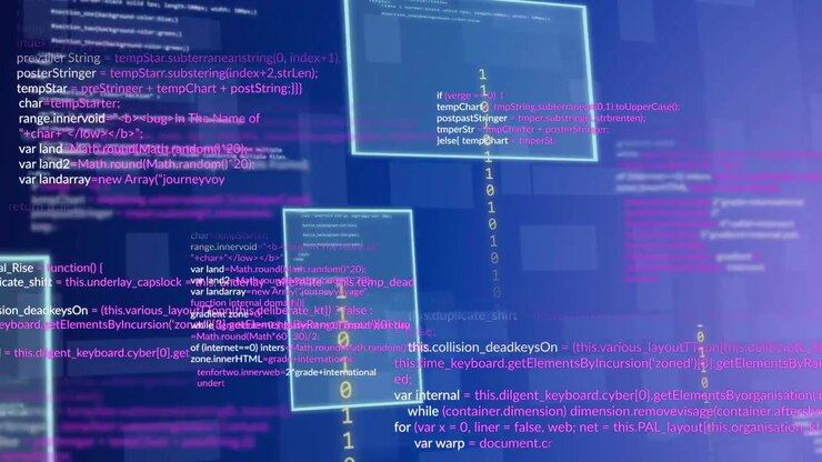 Un gradiente che appare, finestre UI che emergono e fluttuano, codice e dati binari a cascata, visualizzando dati.