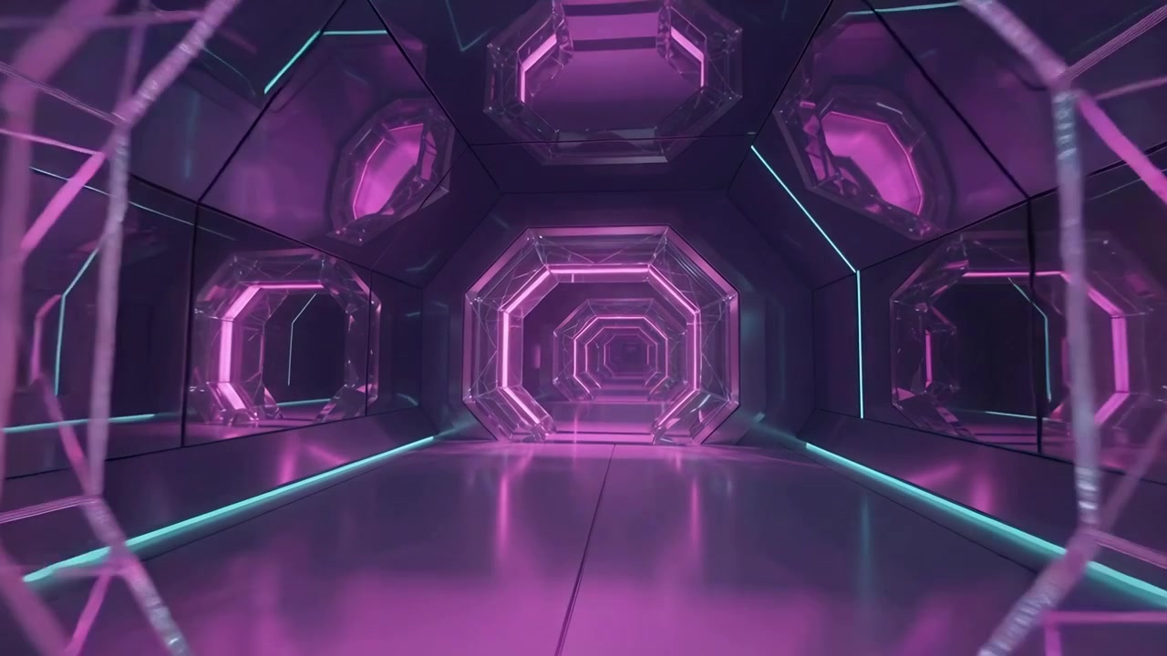 Telecamera che avanza, rivelando un passaggio ottagonale illuminato, un corridoio fantascientifico con neon magenta