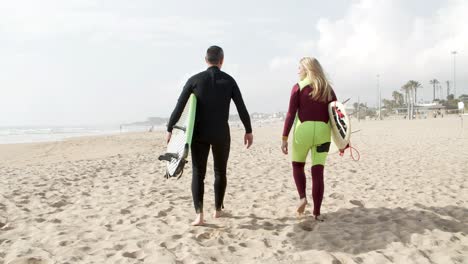 Surfers-walking-on-sandy-beach
