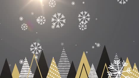 Animation-of-snow-falling-over-christmas-trees-decoration-on-grey-background