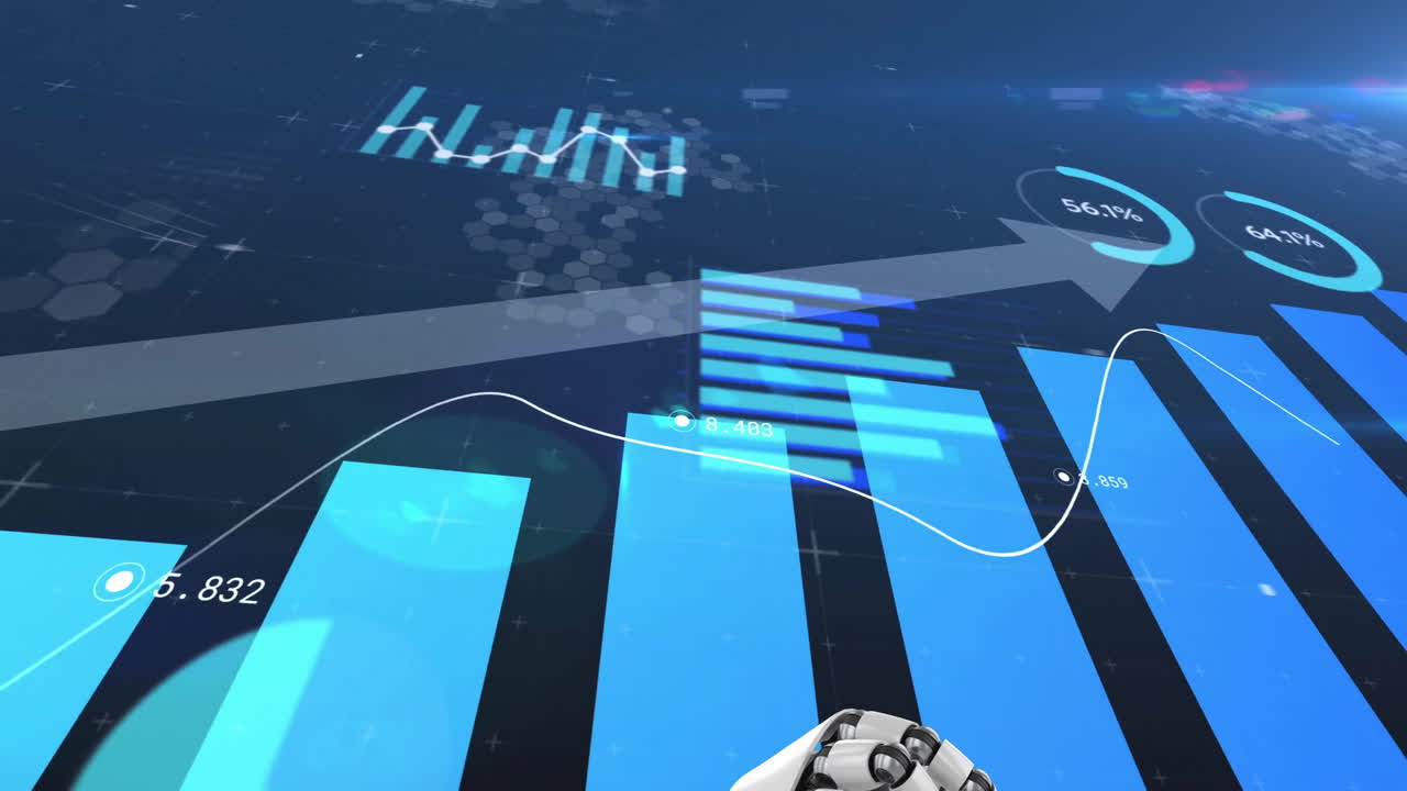 Analyzing financial data, bar graph and line chart showing upward trend animation