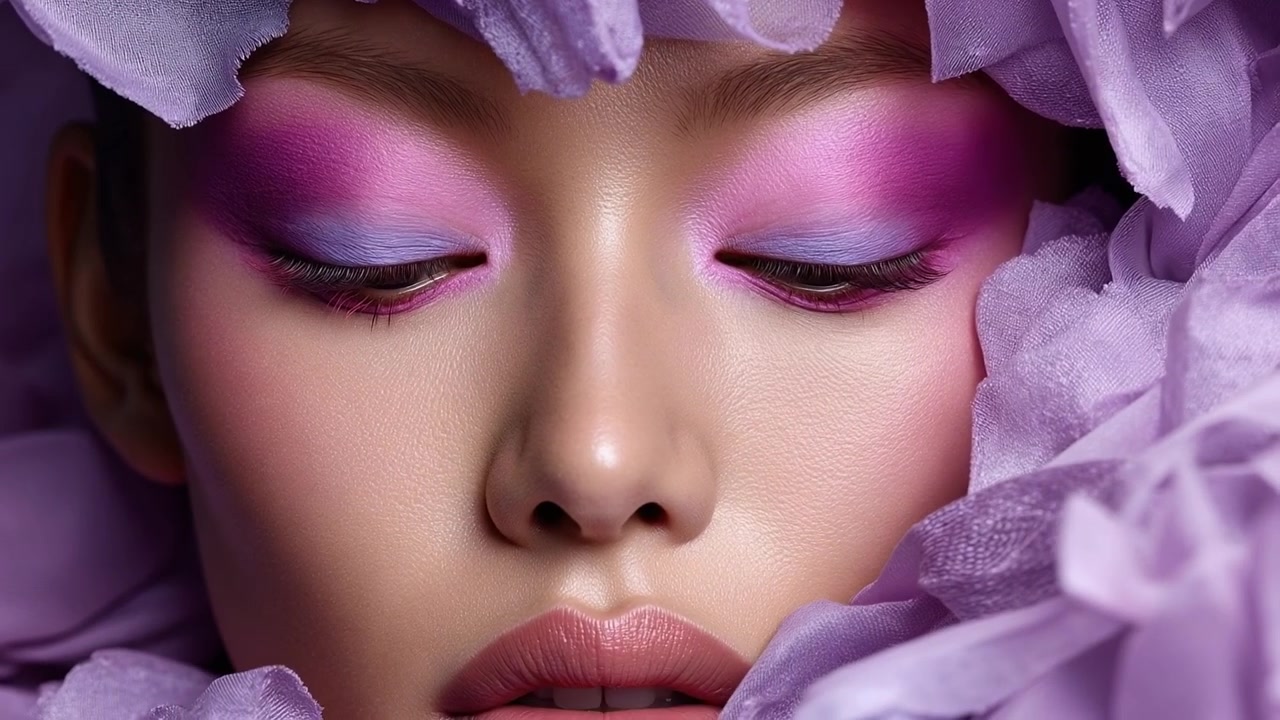 Primo piano estremo di una donna con trucco viola vivace circondata da petali di lavanda che apre gli occhi
