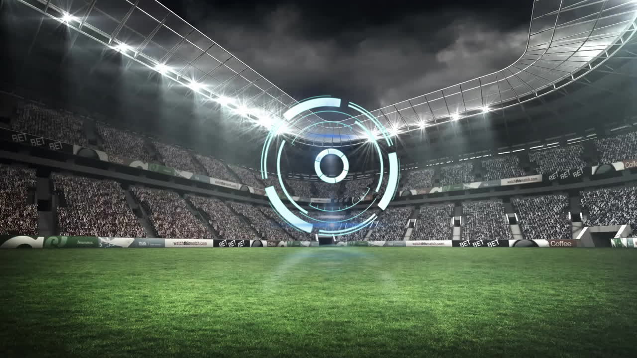 Futuristic target animation over soccer stadium with bright lights and full audience