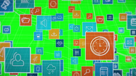 animación de la red de conexiones con iconos sobre fondo verde