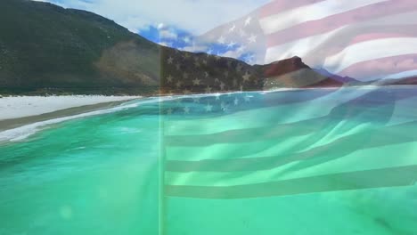 Composición-Digital-De-Ondear-La-Bandera-Estadounidense-Contra-La-Vista-Aérea-De-La-Playa