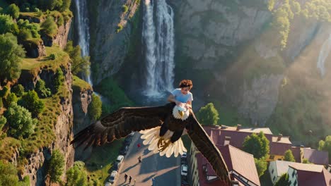 child riding an eagle above a waterfall and city