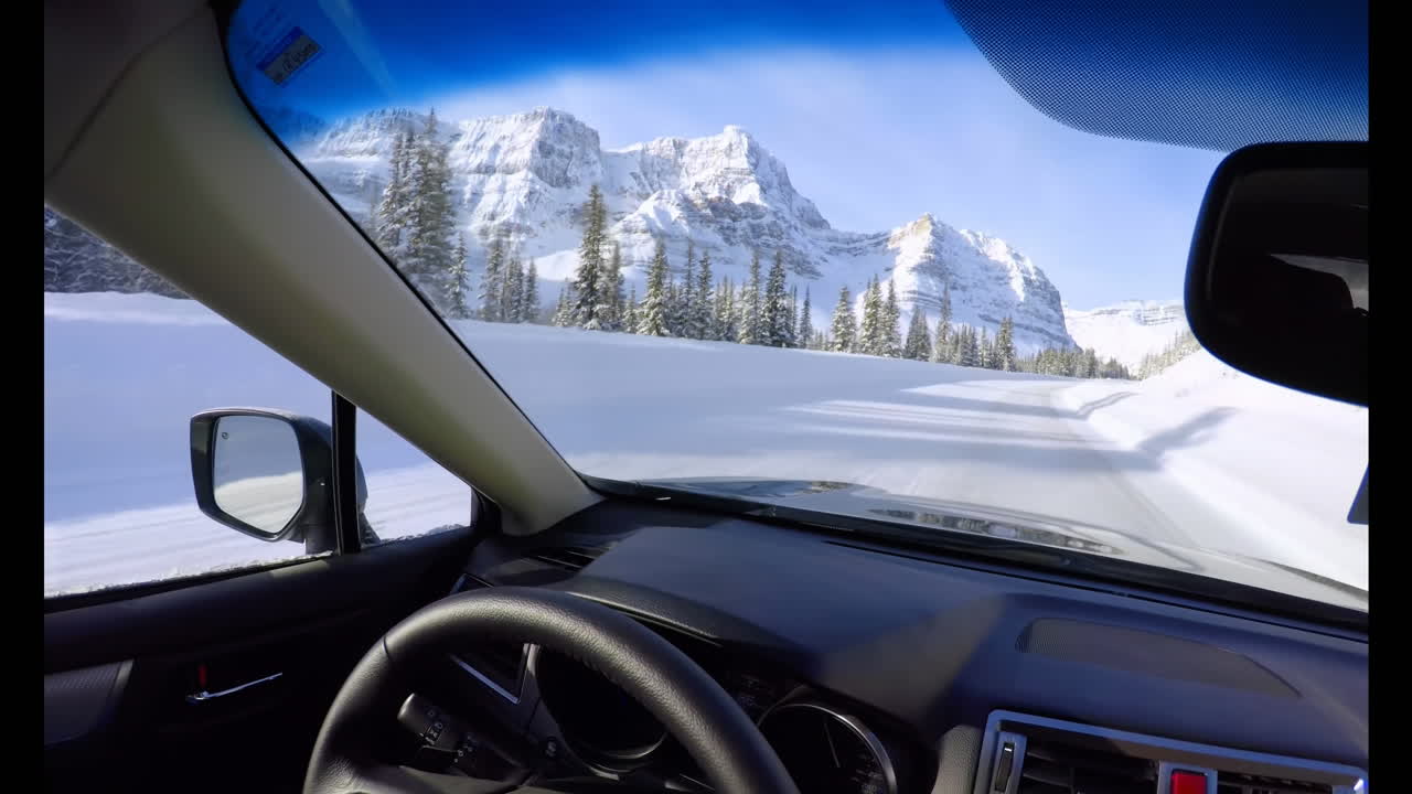 animación de la vista del paisaje nevado desde el coche